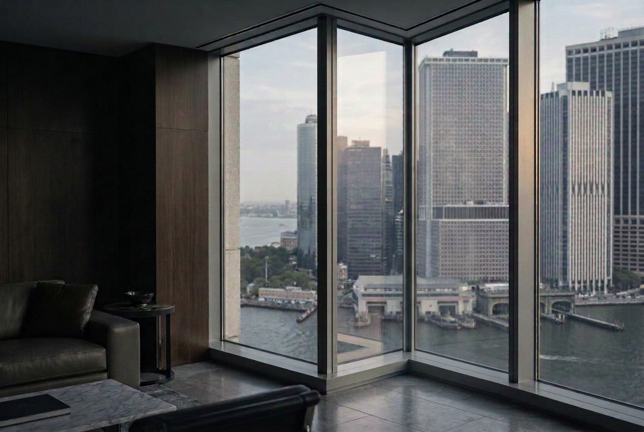 Empty corner office with floor-to-ceiling windows overlooking the Financial District skyline